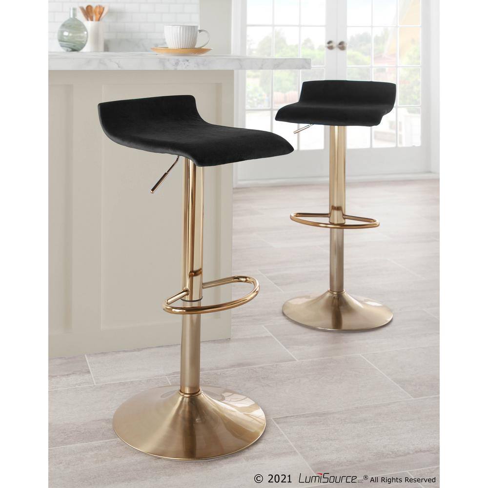 Ale Adjustable Black Velvet and Gold Metal Swivel Barstool Set