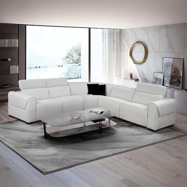 Violetta 123.5 in. Pillow Top Arm 5-Piece Chenille Modular Power Reclining Sectional Sofa in Cloud with Power Headrests