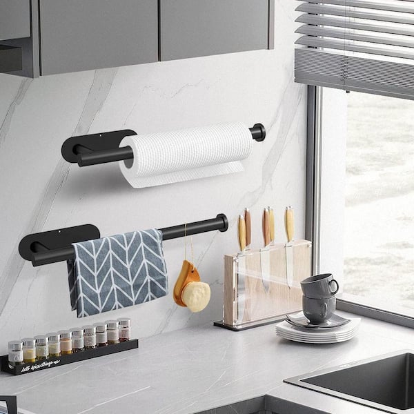 Under Cabinet Wall Mount Black Stainless Steel Paper Towel Holder Self-Adhesive Bar Rack Space Saving Rustproof
