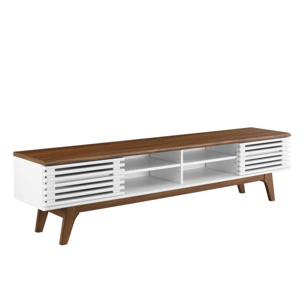 Walnut and White Mid-Century Modern 70" TV Stand with Sliding Doors