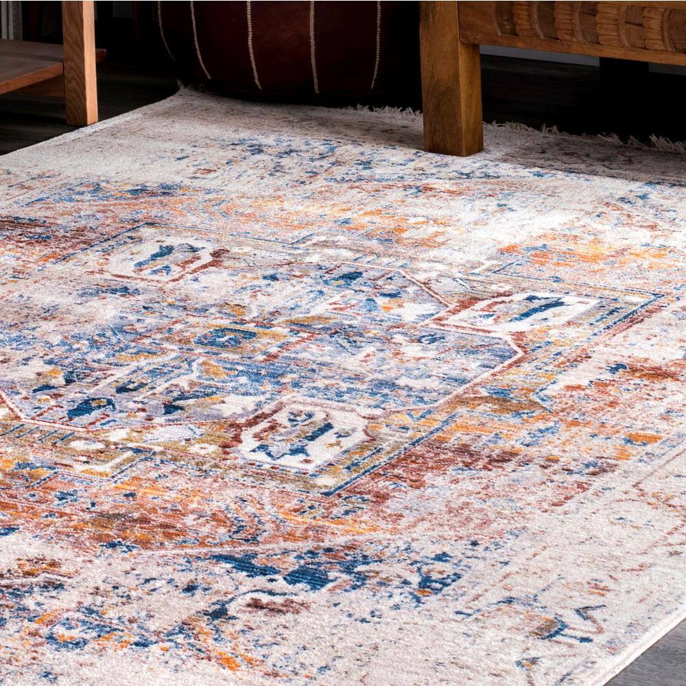 Ivory Synthetic Stain-Resistant Rectangular Area Rug 7x9