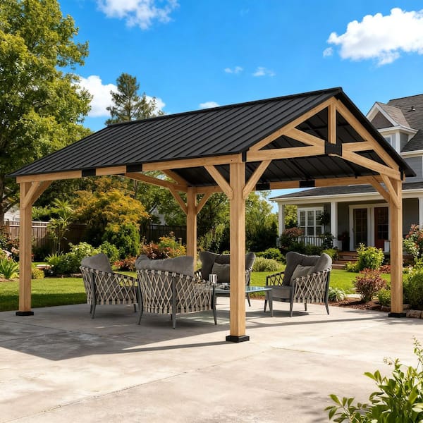 13 ft. x 15 ft. Wood Hardtop Outdoor Patio Gazebo with Galvanized Steel Roof and Ceiling Hook