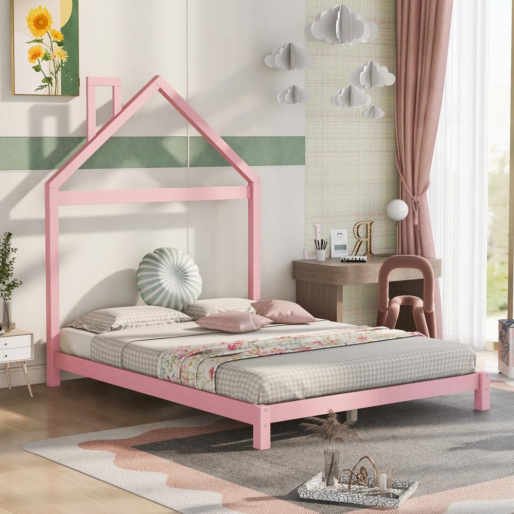 ANBAZAR Pink Full Size Wood Platform Bed Frame with House Shape Headboard, Low Profile Full Kids Platform Bed with Wooden Slats