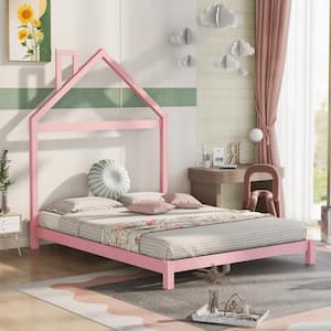 Pink Full Size Wood Platform Bed Frame with House Shape Headboard, Low Profile Full Kids Platform Bed with Wooden Slats