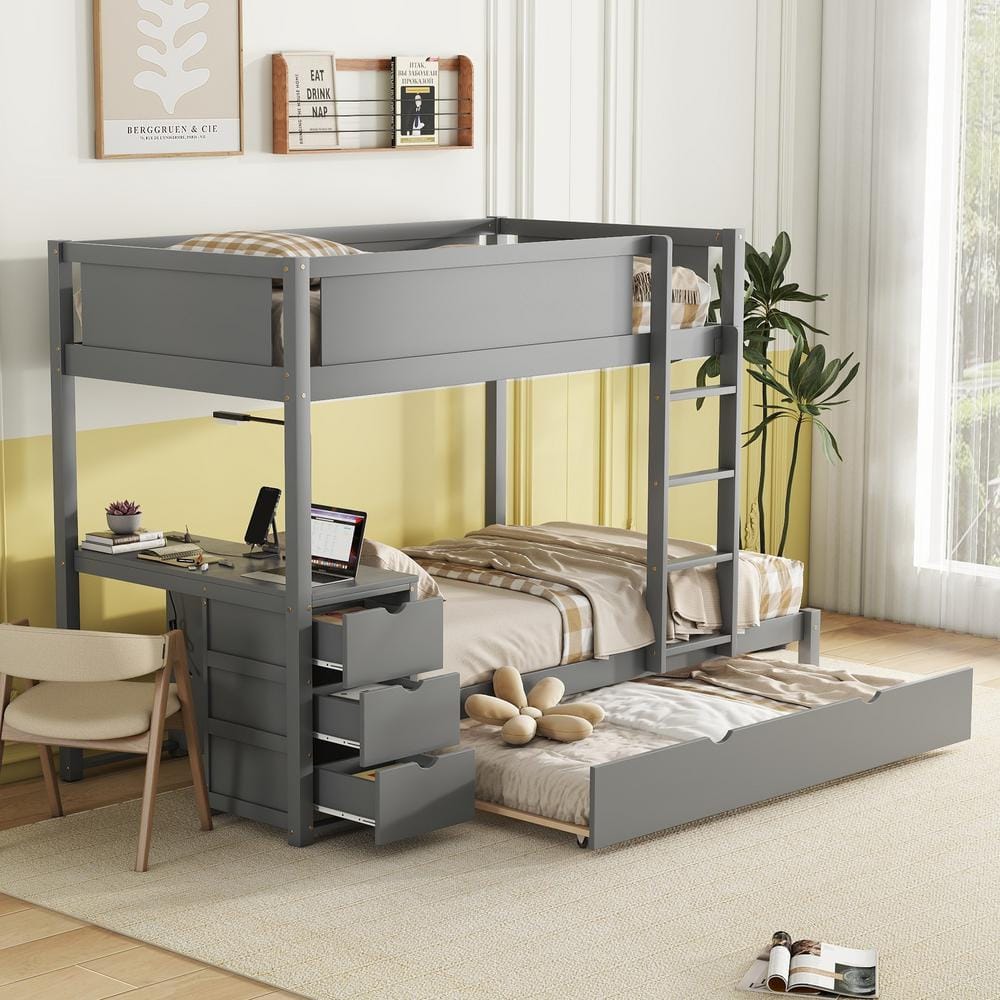 Harper & Bright Designs Gray Twin over Twin Wood Bunk Bed with 3-Drawer ...