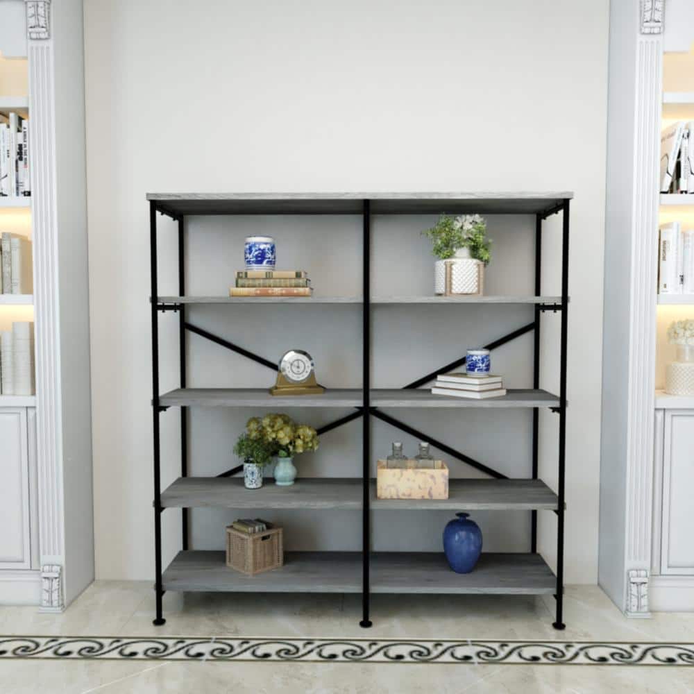 Modern Industrial 60" Gray and Black 4-Tier Bookshelf