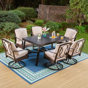 7-Piece Metal Outdoor Dining Set with Extensible Rectangular Slat Table and Rattan Swive Chairs with Beige Cushions