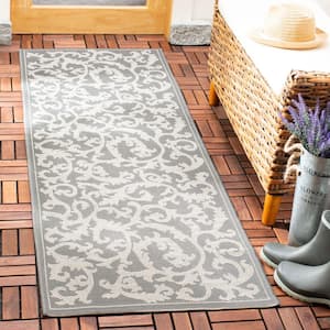 Courtyard Anthracite/Light Gray 2 ft. x 7 ft. Floral Indoor/Outdoor Patio  Runner Rug