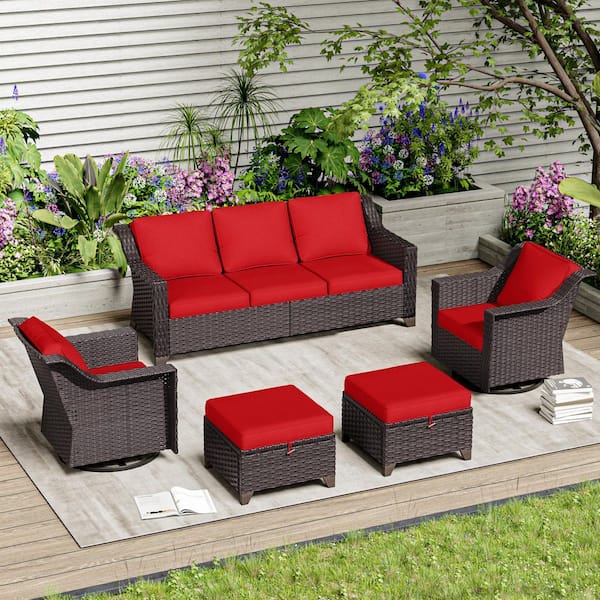 5-Piece Wicker Outdoor Patio Conversation Sectional Set With Red Cushions