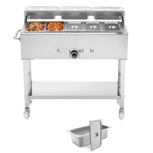 Commercial Propane Steam Table, 5 Food + 3 Condiment Pans, LP Gas Soup Warmer w/ Drain, 3 in. Wheels, Temp Control