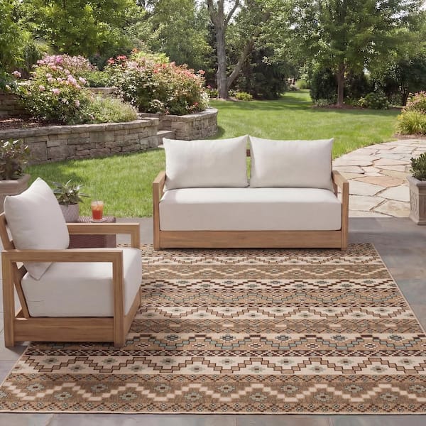 Veranda Cream/Brown 8 ft. x 11 ft. Border Indoor/Outdoor Patio Area Rug