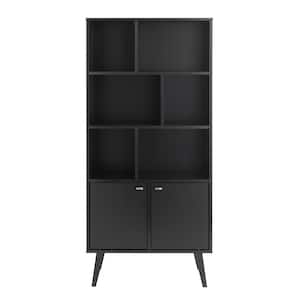 Milo 62.25 in. Tall Black 6-Shelf Engineered Wood Mid-Century Modern Off-Set Bookcase w/ Two Doors, Brushed Brass Knobs