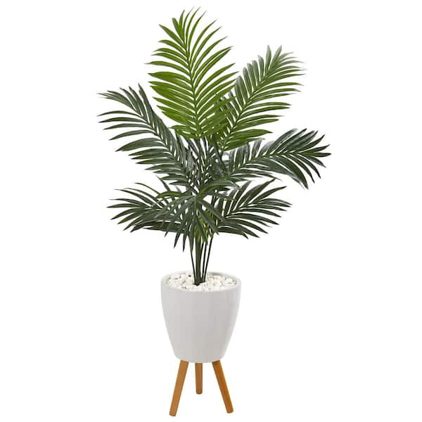 Nearly Natural 4.5 ft. Kentia Artificial Palm Tree in White Planter with Legs