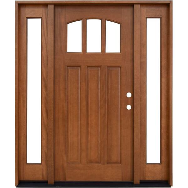 Steves & Sons 60 in. x 80 in. Craftsman 3 Lite Arch Stained Mahogany Wood Prehung Front Door with Sidelites