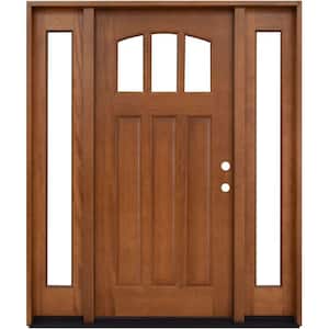 64 in. x 80 in. Craftsman 3 Lite Arch Stained Mahogany Wood Prehung Front Door with Sidelites
