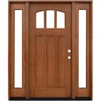 68 in. x 80 in. Craftsman 3 Lite Arch Stained Mahogany Wood Prehung Front Door with Sidelites