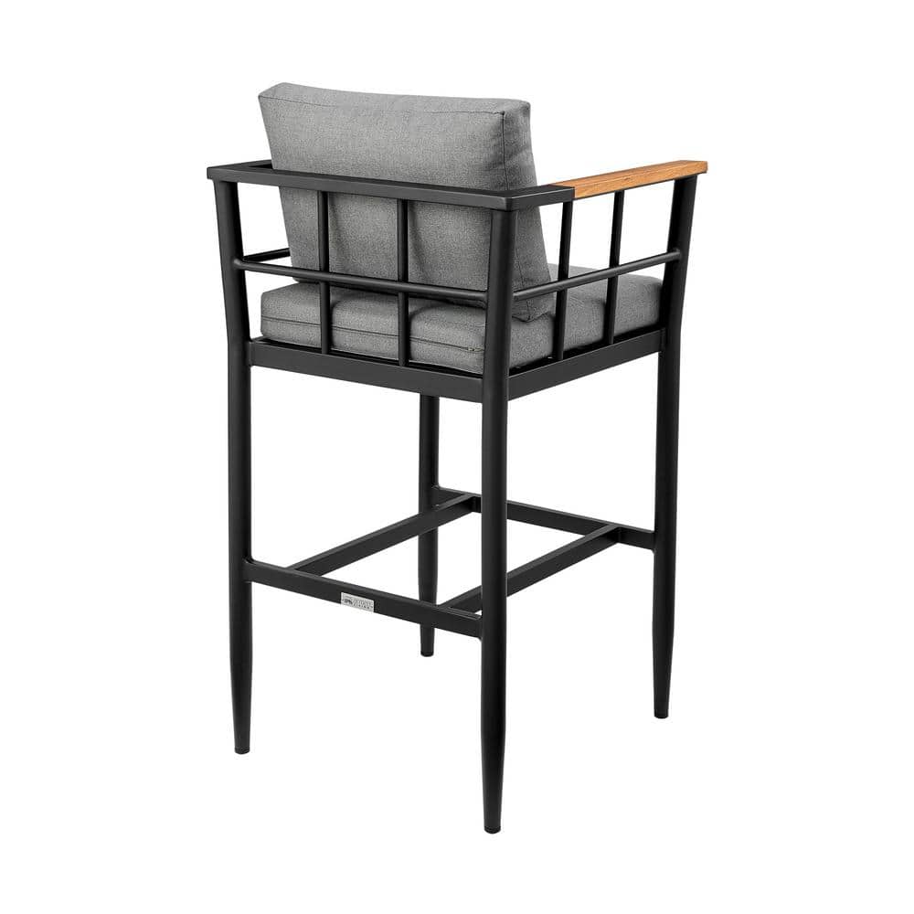 Gray Aluminum and Teak Outdoor Bar Stool with Cushions