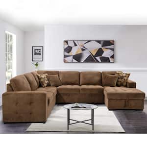 123 in. U Shaped Pull Out Sectional Sofa Bed Couch with Storage Chaise and Pillows for Large Space Dorm Apartment, Brown