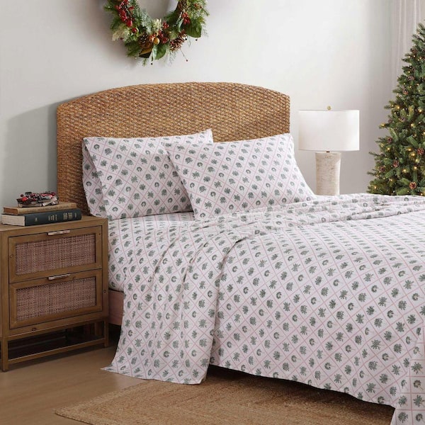 Palm Tree Trellis 4-Piece White Cotton Percale Queen Sheet Set