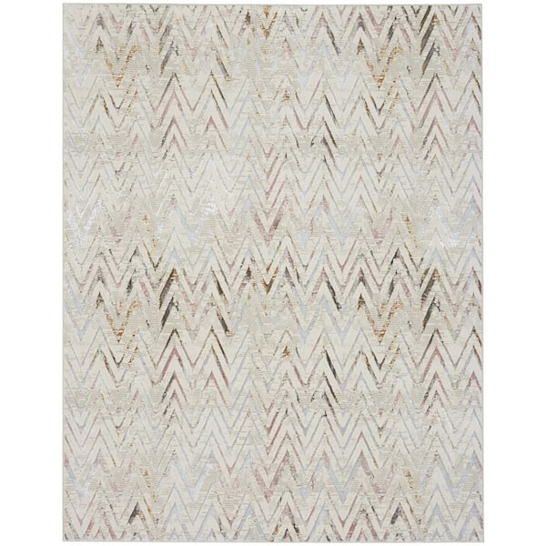 8 ft. x 10 ft. Ivory Brown and Gray Chevron Distressed Non Skid Area Rug