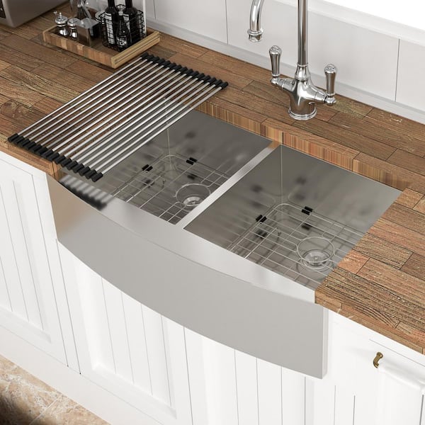 36 in. Farmhouse Double Bowl (50/50) 16 Gauge Brushed Nickel Stainless Steel Kitchen Sink with Bottom Grids