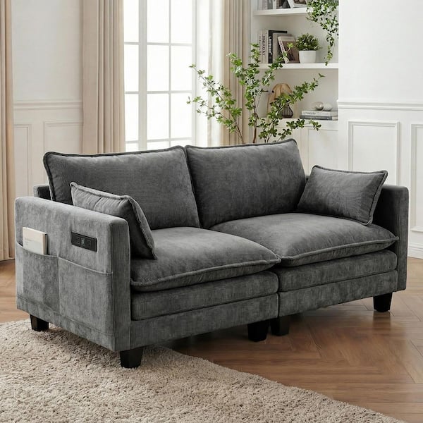 Heidi Modern 74.8 in. Track Arm Chenille Upholstered Rectangle Loveseat Sofa in Dark Grey with USB Ports, Side Pockets