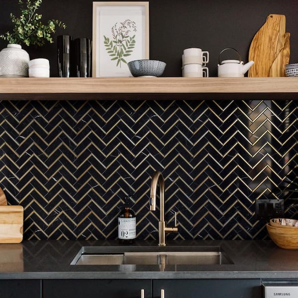 Natural Blanco Black Gold 10.71 in. x 11.07 in. Herringbone Polished Marble Mosaic Tile (8.3 sq. ft./Case)