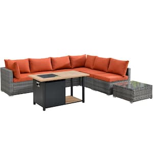 Sanibel Gray 8-Piece Wicker Outdoor Patio Conversation Sofa Seating Set with a Storage Fire Pit and Orange Red Cushions