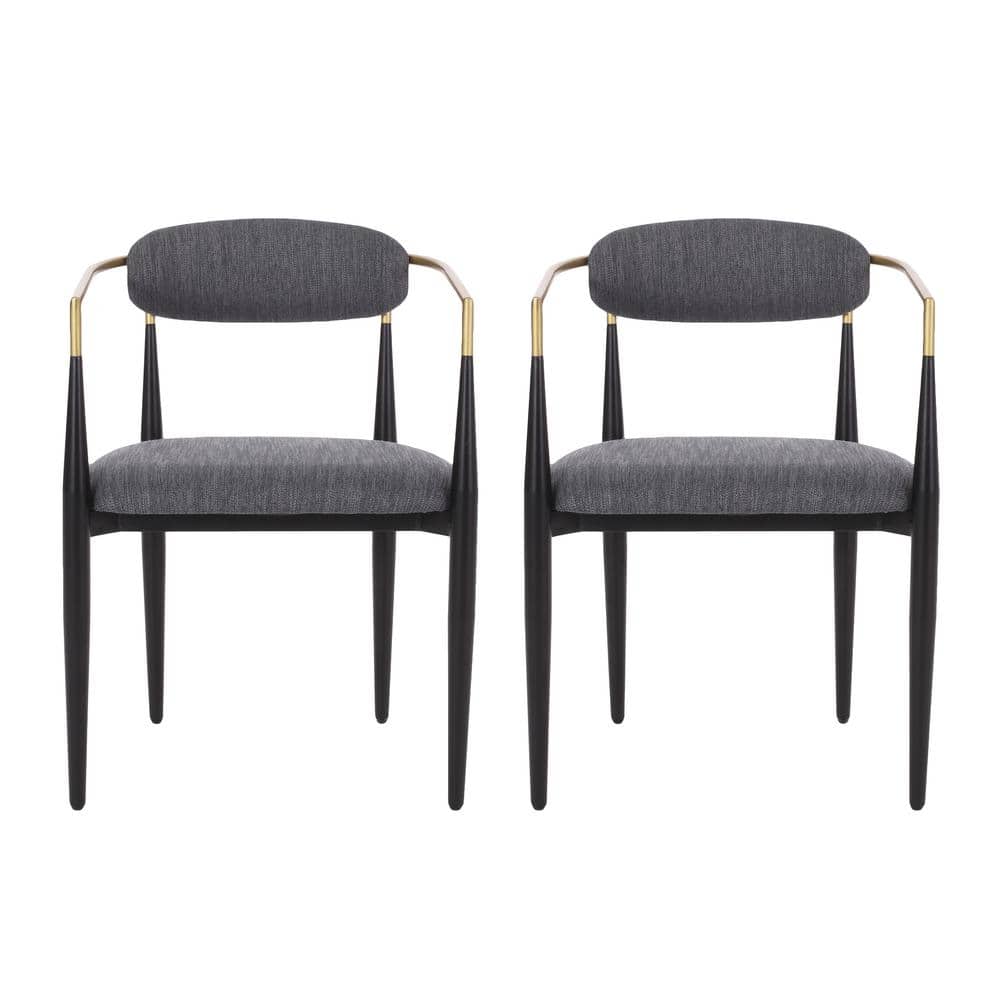 Gray Upholstered Metal Dining Chairs with Gold Detailing, Set of 2