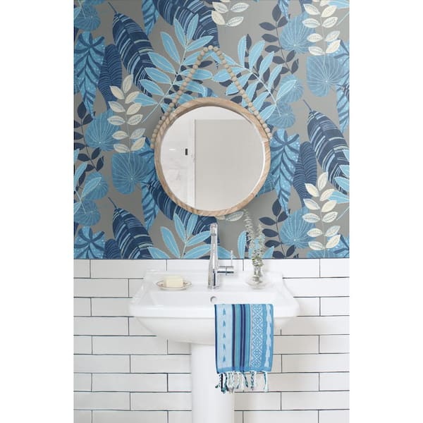 Tropicana Leaves Metallic Gray, Sky Blue, and Champlain Botanical Paper Strippable Roll (Covers 60.75 sq. ft.)