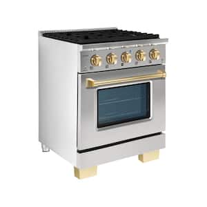 BOLD 30" 4.2 CuFt. 4 Burner Freestanding Dual Fuel Range with Gas Stove & Electric Oven, Stainless steel with Brass Trim