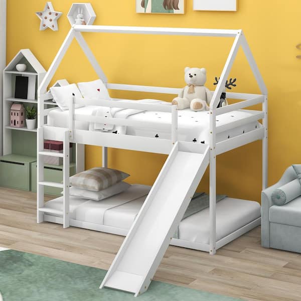 Harper & Bright Designs White Twin over Twin Wood House Bunk Bed with Slide and Ladder