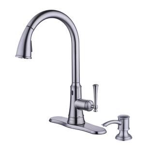 Hemming Single Handle Touchless Pull Down Sprayer Kitchen Faucet with Soap Dispenser in Stainless Steel