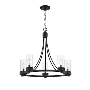 Meridian 26 in. W x 23 in. H 5-Light Matte Black Chandelier with Clear Glass Cylindrical Shades