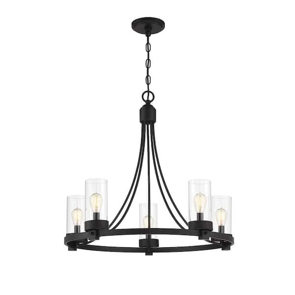 TUXEDO PARK LIGHTING 26 in. W x 23 in. H 5-Light Matte Black Chandelier with Clear Glass Cylindrical Shades