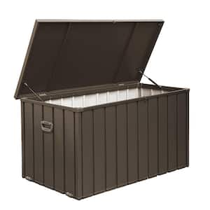 150 Gal. Dark Brown Metal Outdoor Storage Deck Box Storage Box Waterproof with Hydraulic Rod Caster, Slight Slope Design