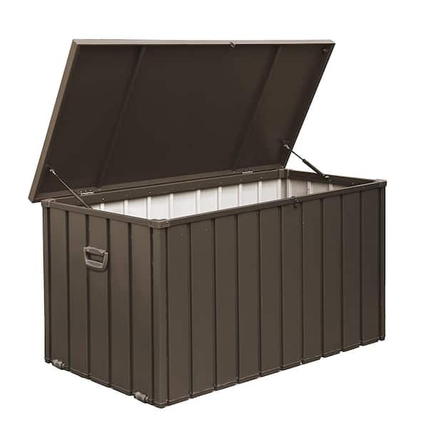 BTMWAY 160 Gal. Dark Brown Metal Outdoor Storage Deck Box Storage Box Waterproof w/Hydraulic Rod, Caster, Slight Slope Design