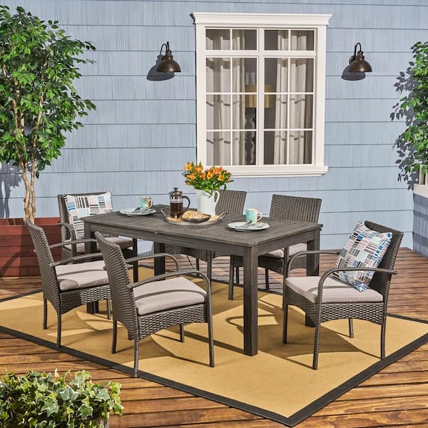 Noble House Elmar Dark Grey 7-Piece Wood and Plastic Outdoor Dining Set with Grey Cushions