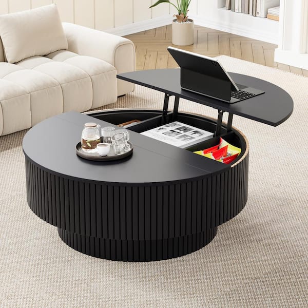 Black Fluted Round Lift Top Coffee Table, Multi-Level Storage Cocktail Table with Hidden Compartment for Living Room