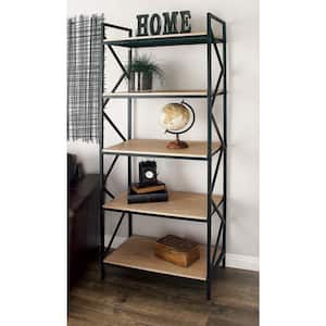 74 in. 5 Shelves Wood Stationary Brown Shelving Unit with Black Metal Frame