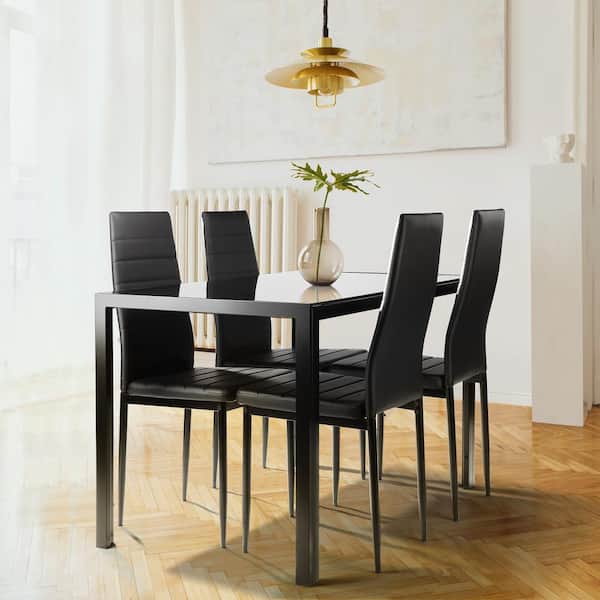 Rectangle Glass Top Black Dining Table, Black Dining Table And Chairs Set