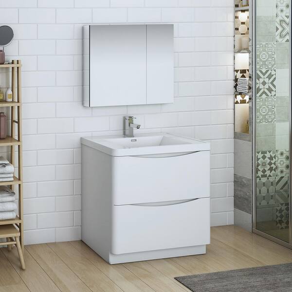 Fresca Quadro White Pedestal Sink W Medicine Cabinet - Modern Bathroom Vanity