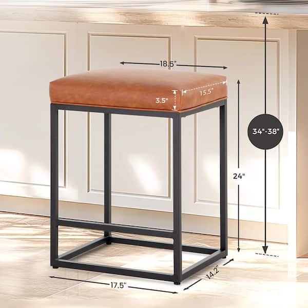 24 in. Brown Rectangular Faux Leather Cushion Backless Bar Stool Metal Steel Frame Base with Footrest (Set-2)