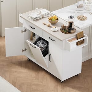 White Wood Particle Board 51.06 in. W Kitchen Island with Trash Can Storage Cabinet, Drop Leaf, Spice Rack