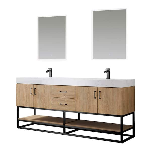 Alistair 72 in. W x 22 in. D x 33.9. in H Bath Vanity in Oak with Stone Vanity Top in White with Double Sinks and Mirror