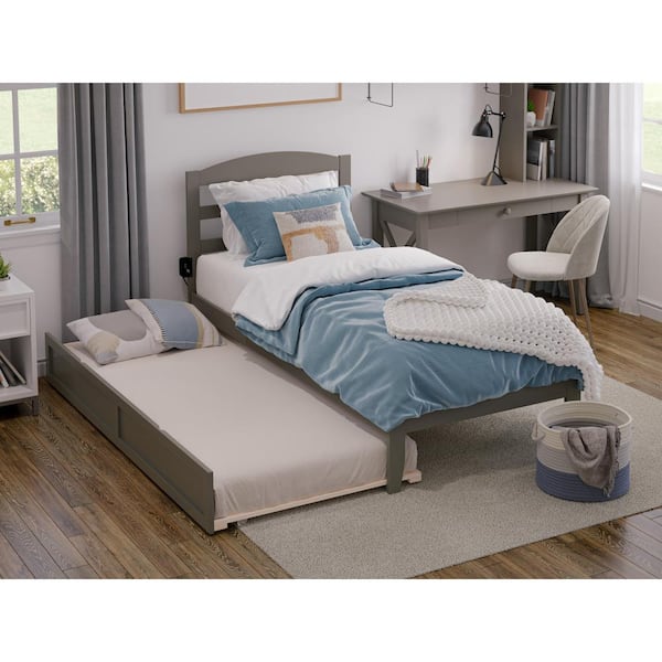 AFI Warren 38-1/4 in. W Grey Twin Solid Wood Frame with Twin Pull Out Trundle Bed and USB Device Charger Platform Bed