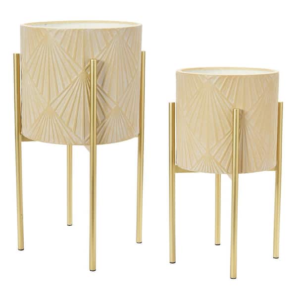 Storied Home 11.5 in. Cream and Gold Iron Floor Planters with Stand (2-Pack)