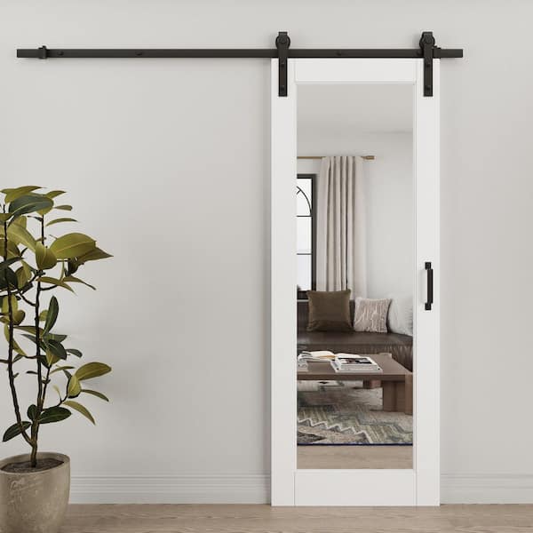 30 in. x 80 in. 1-Lite Tempered Clear Glass White Primed Solid Core MDF Sliding Barn Door with Hardware Kit