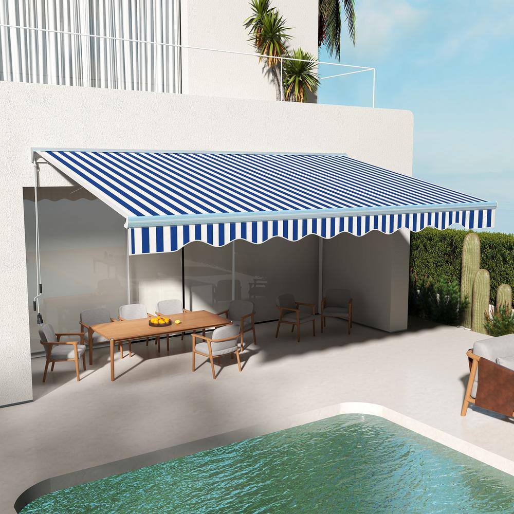 Blue and White Striped Retractable Patio Awning with LED Lights