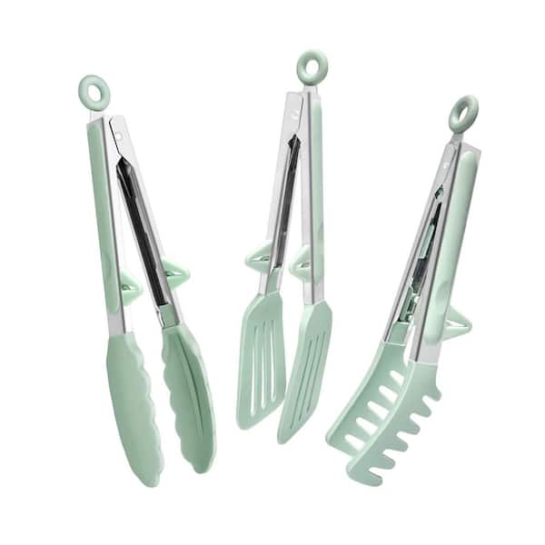Green Silicone Cooking Tongs Set of 3 Kitchen Utensils with Stand Heat Resistant Nonstick Mini Serving Tools